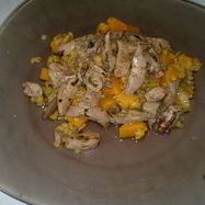 Рецепт Красной чечевицы с луком, имбирем и тыквой, печень кролика с эстрагоном и паприкой