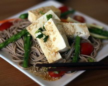 Гречневая лапша с томатами, тофу и базиликом