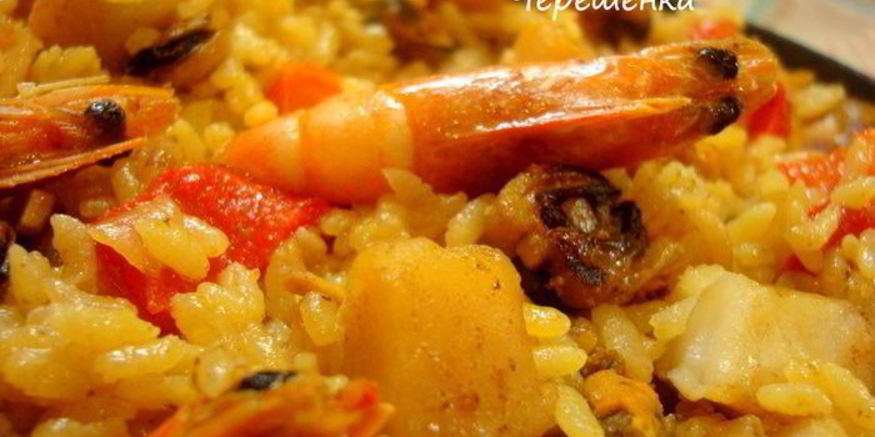 Рецепт паэльи с курицей, мидиями, гребешком и креветками