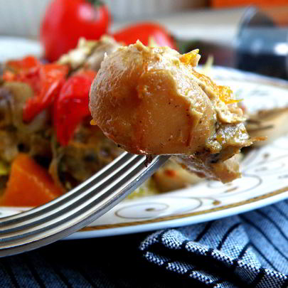 Рагу из маринованного кролика с овощами и грибами