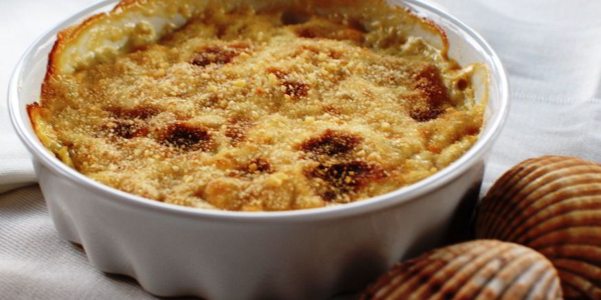 Рецепт гребешков и тигровые креветки в соусе бешамель