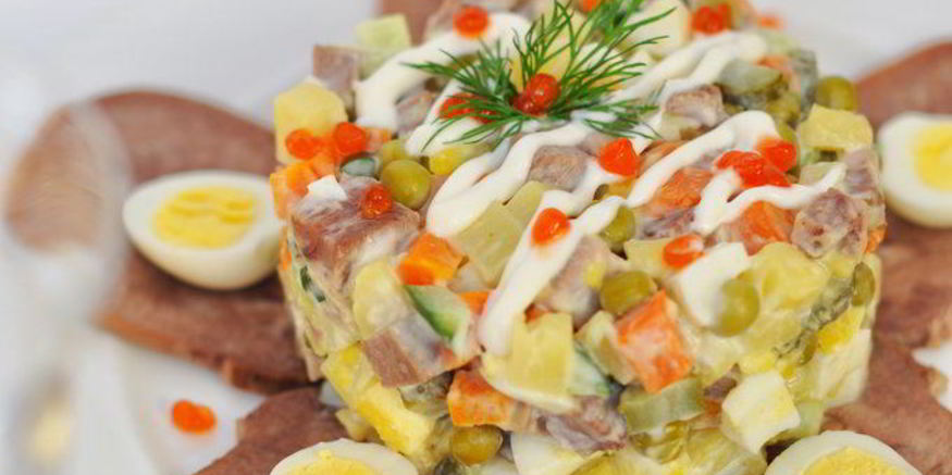 Рецепт салата оливье с языком