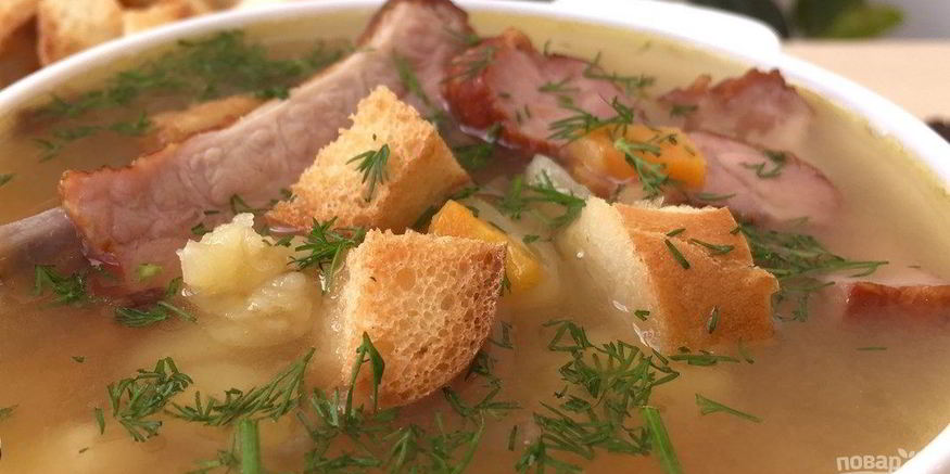 Рецепт очень вкусного горохового супа с копчеными ребрышками