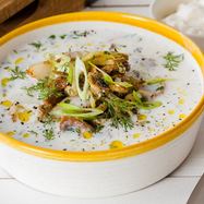 Рецепт Холодного супа на огуречном рассоле с огурцами и жареной рыбой