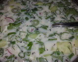 Окрошка на турецком айране и минералке с горчицей