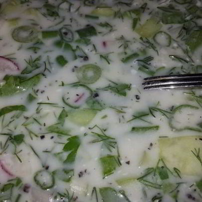 Окрошка на турецком айране и минералке с горчицей