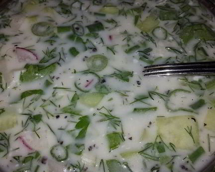 Окрошка на турецком айране и минералке с горчицей