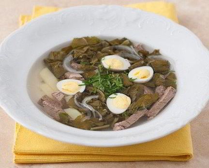 Щи щавелевые с говядиной и перепелиными яйцами