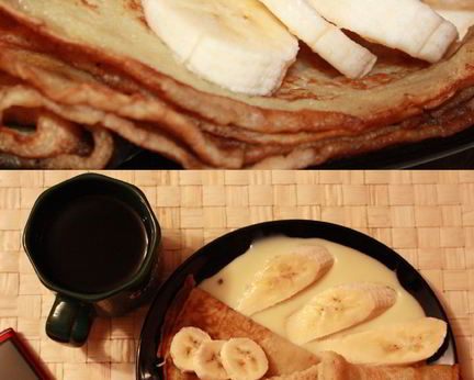 Блинчики на молоке со сгущенкой и бананами