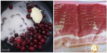 овсяные оладьи с клюквенным соусом и беконом