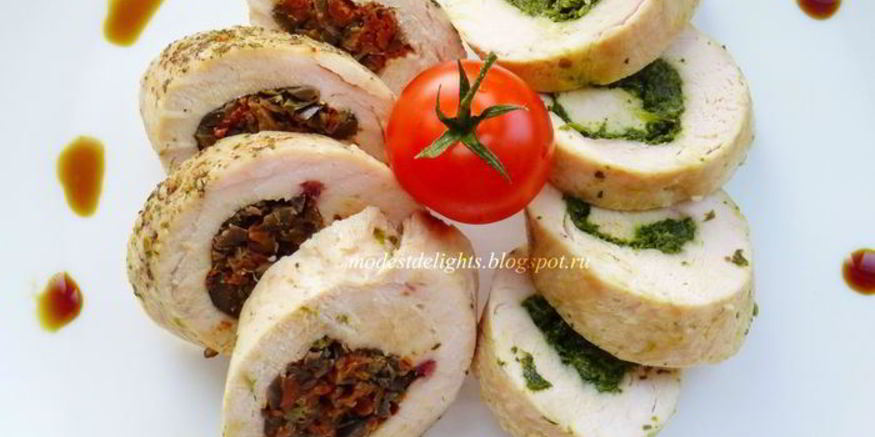 Рецепт отварных куриных рулетиков с двумя видами начинки