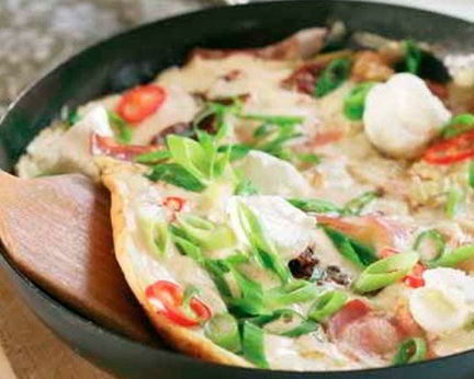 Яичница с шампиньонами, колбасками и сыром