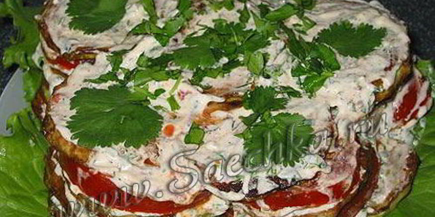 Рецепт закуски из кабачков с помидорами под чесночным соусом